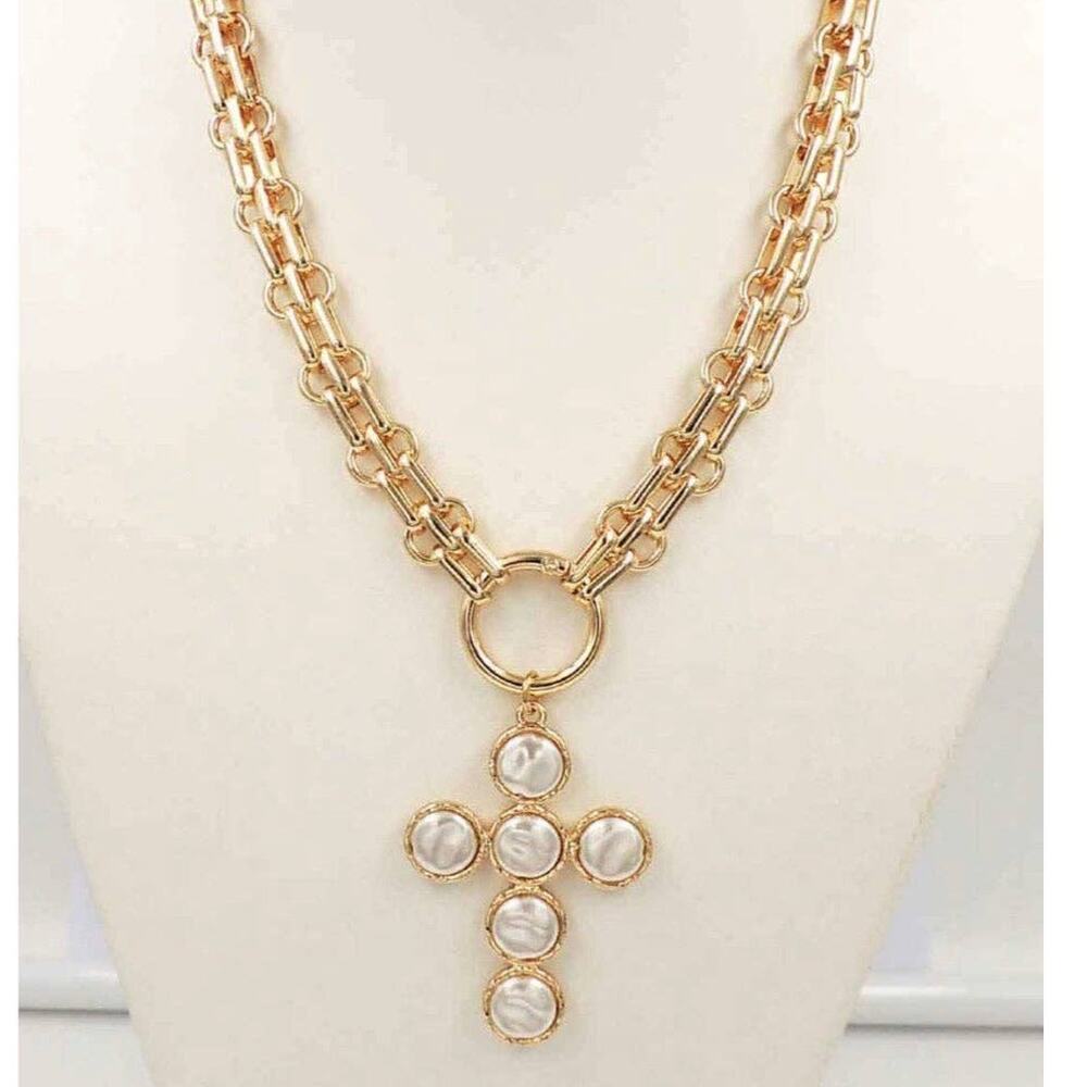 Freshwater Pearl Cross Pendant Necklace | Gold Chain 16"-18" Adjustable